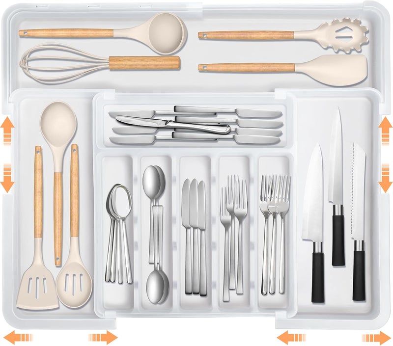 Spaclear Large Silverware Drawer Organizer Expandable Kitchen Utensil Organizer BPA Free Flatware Cutlery Holder Tray Adjustable Plastic Drawer Divider Storage for Forks Knives 6-9 Slots White - Image 1